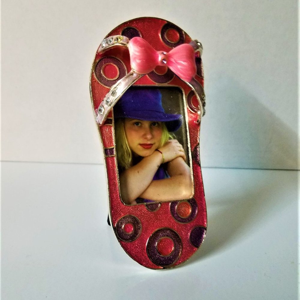 Vintage Enameled Metal Small Bejeweled Flip Flop Picture Frame
